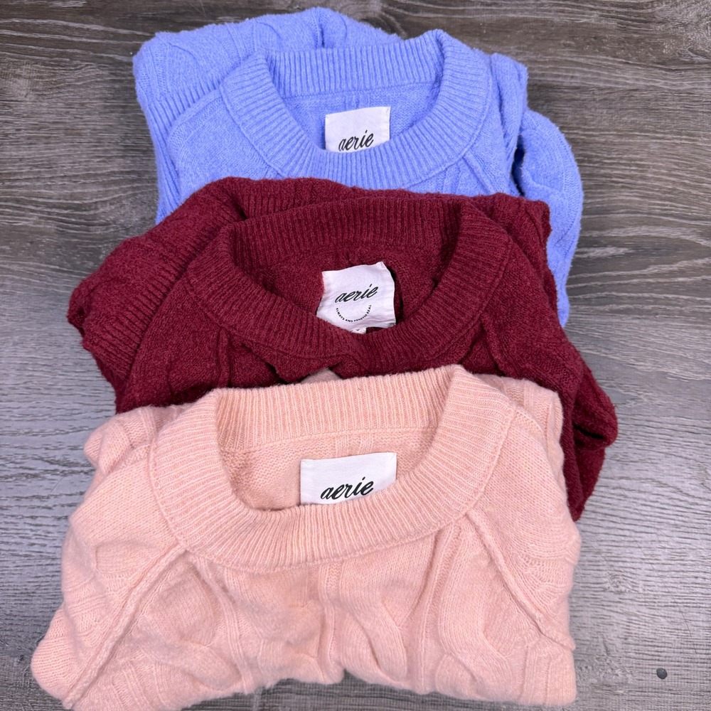 Lot of 3 Aerie Cable Knit Sweaters Womens M Oversized Cozy Cabincore Crewneck